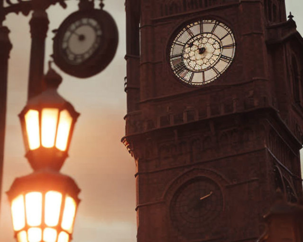 Illuminated street lamp and Gothic clock tower at dusk