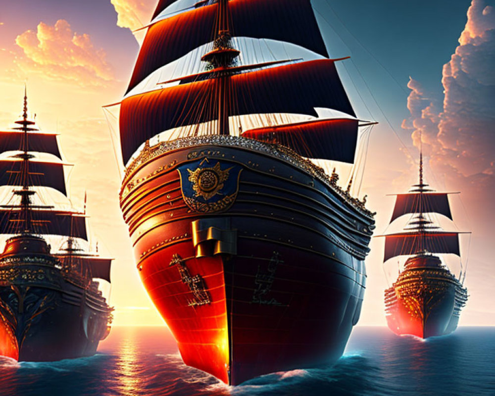 Three majestic sailing ships with red sails at sunset on the ocean