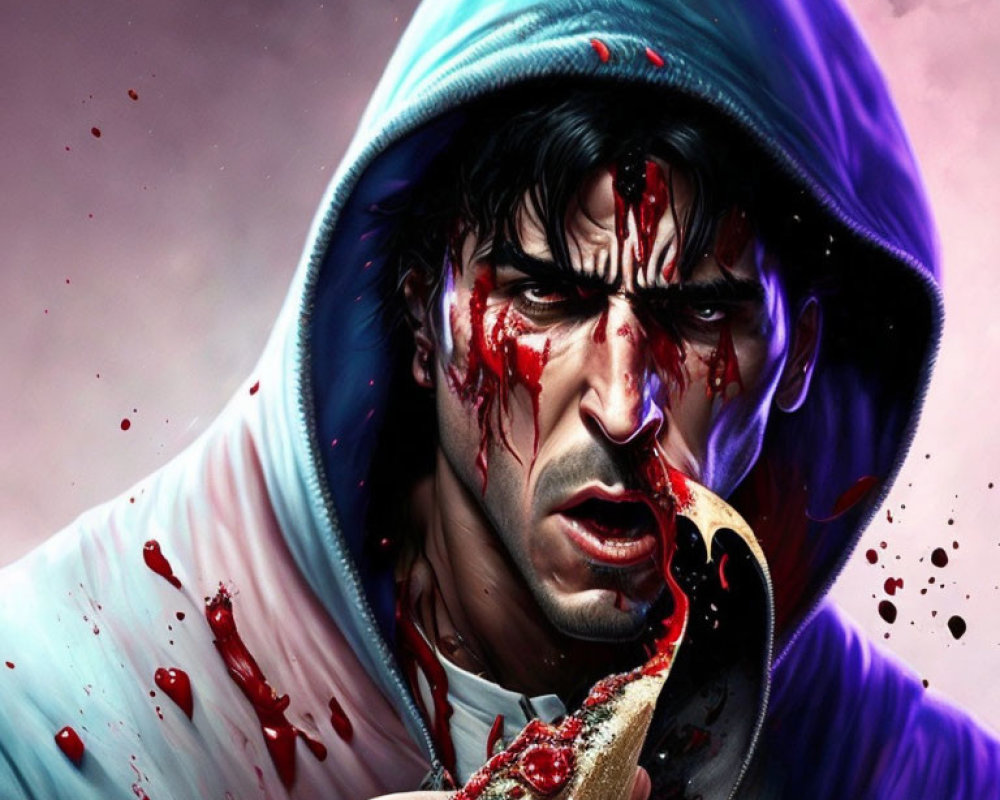 Man in purple hood with blood splattered, holding bloodied blade against palm