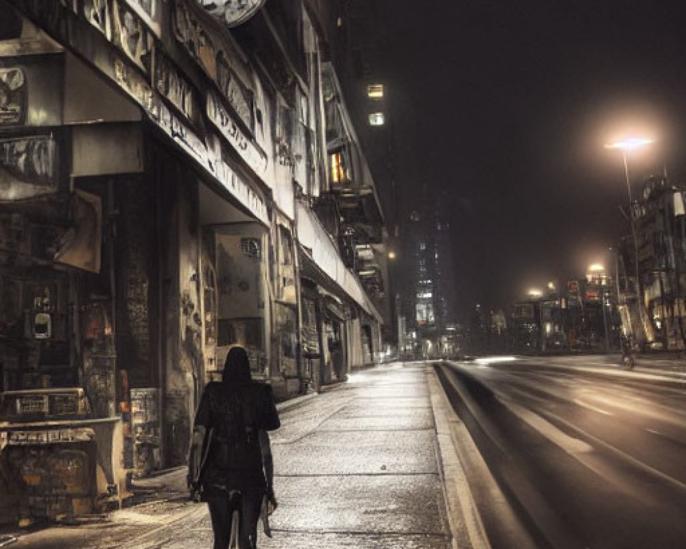 Urban street scene at night with clock, graffiti walls, and misty ambiance