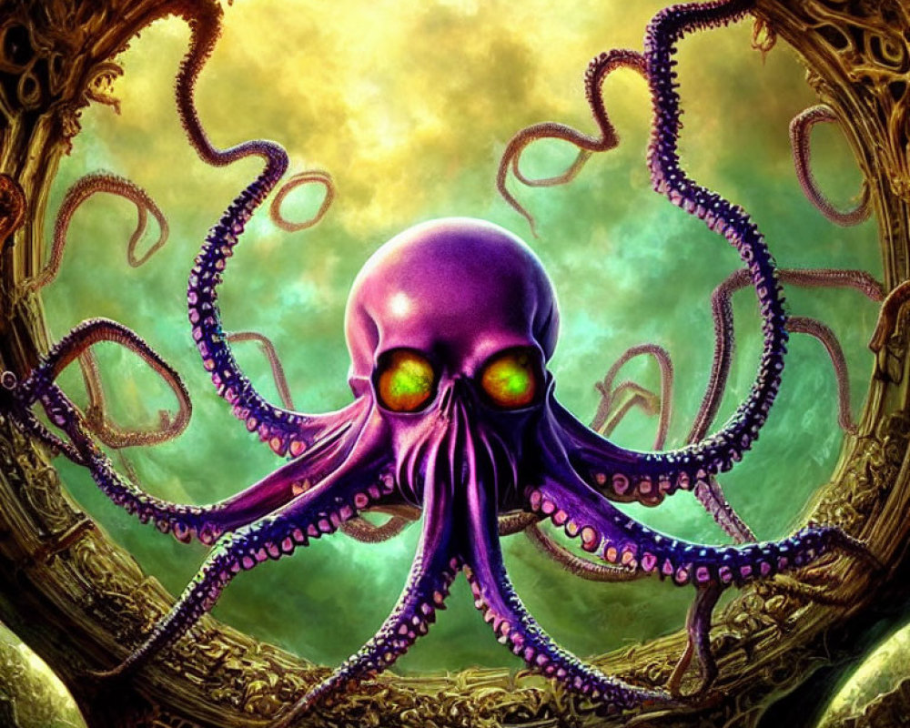 Purple Octopus with Green Eyes in Ornate Circular Frame on Yellow Cloudy Background