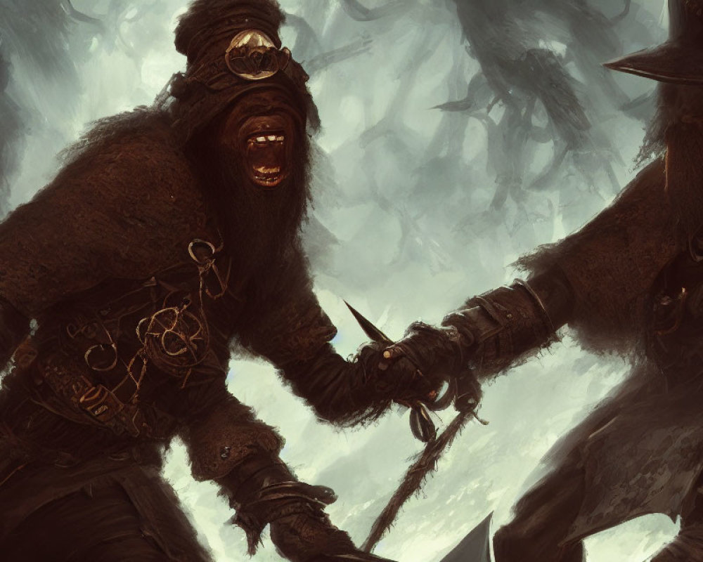 Fantasy gorilla warriors in armor duel with swords in misty setting