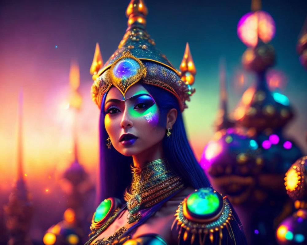 Blue-skinned woman in golden headgear and jewelry against vibrant backdrop