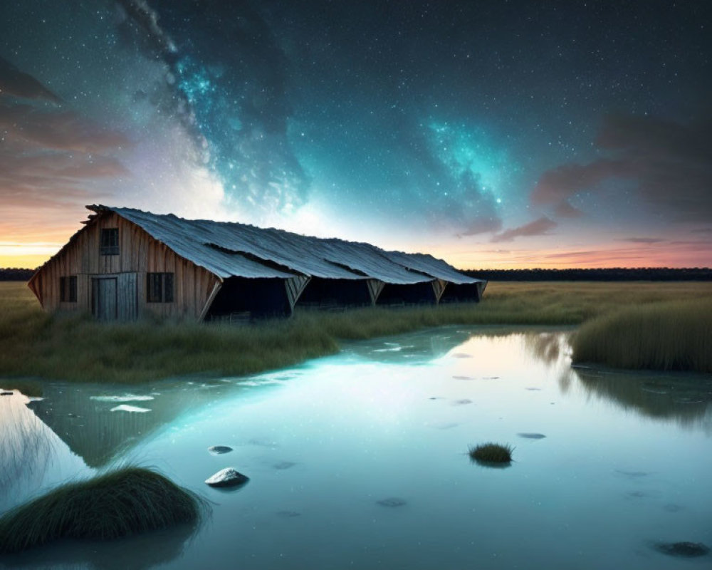 Rustic wooden barn under starry sky reflecting in water.