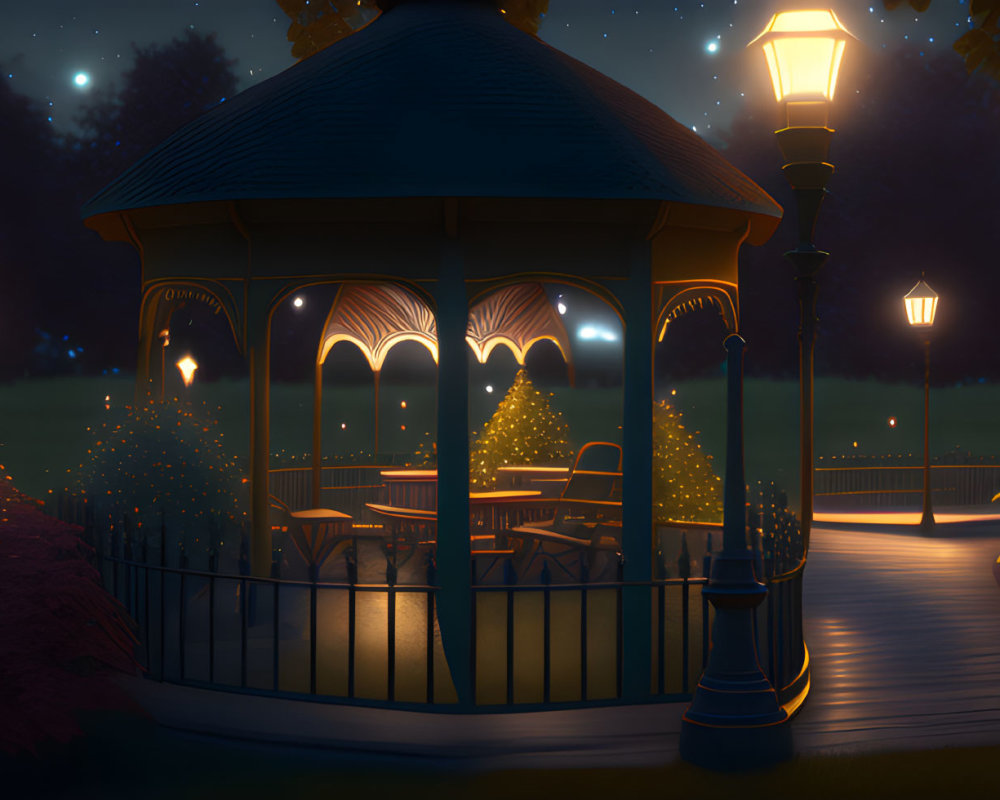 Tranquil night scene with lit gazebo and glowing street lamps