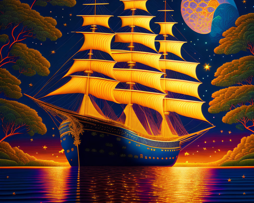 Tall ship with golden sails on calm ocean at night