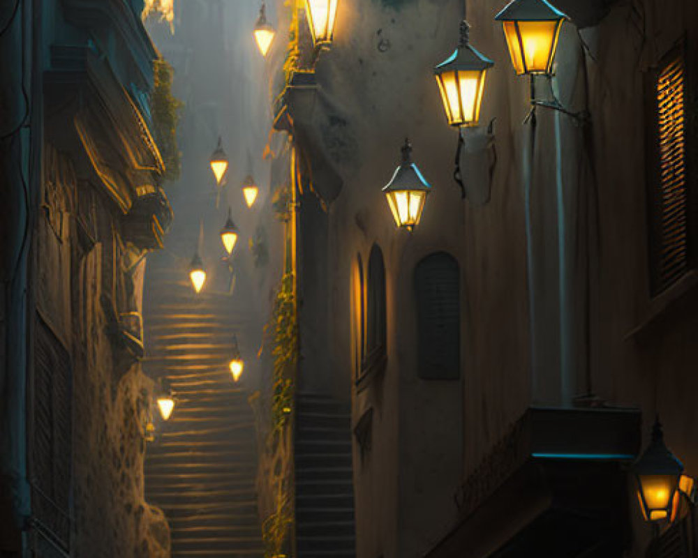 Old Narrow Staircase in Alley with Glowing Street Lamps