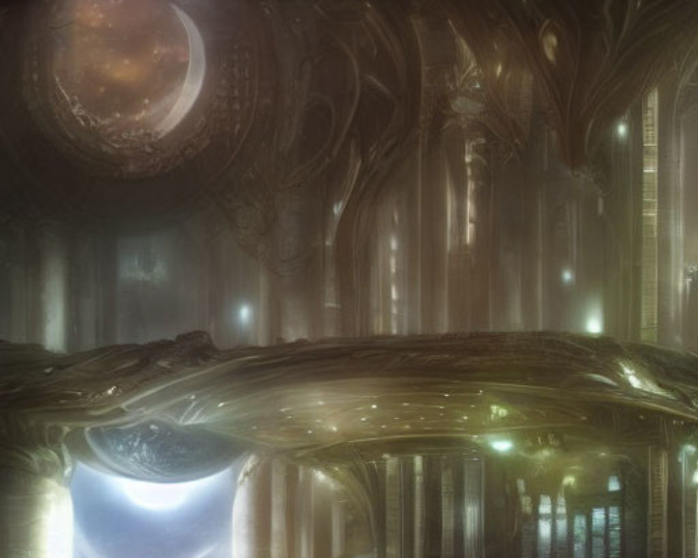 Solitary figure in ornate hall with glowing orbs and celestial backdrop