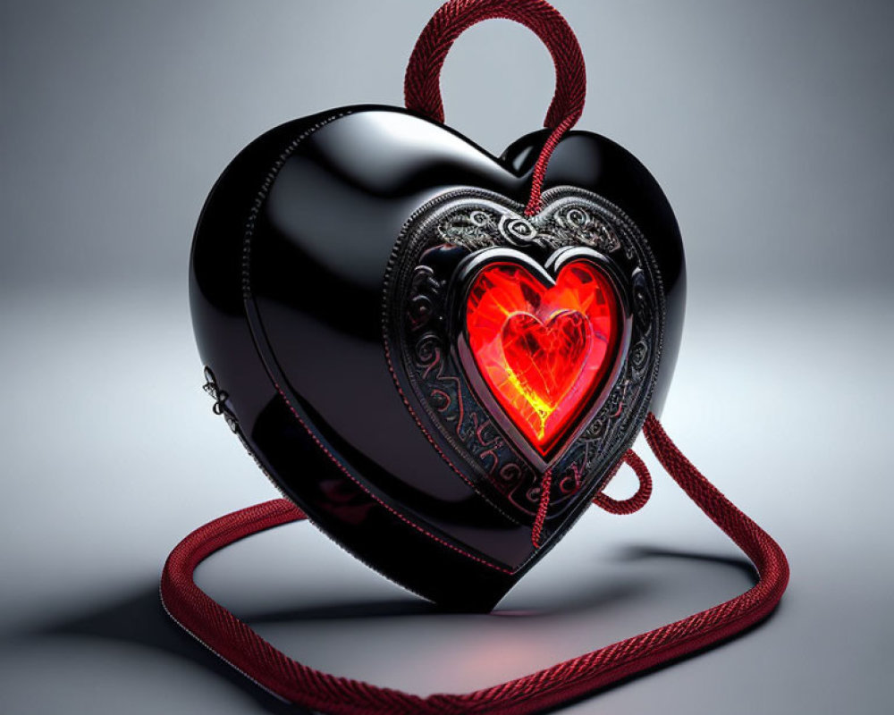 Black Heart-Shaped Purse with Red Heart and Strap