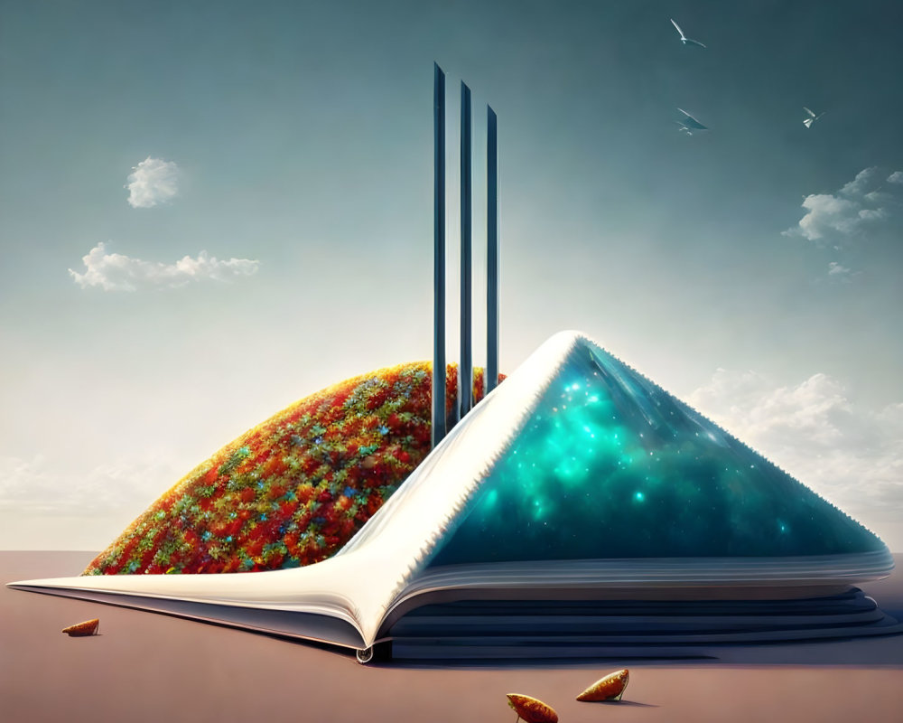 Open book showing lush hill & starry night sky with bookmarks, birds, and leaves.