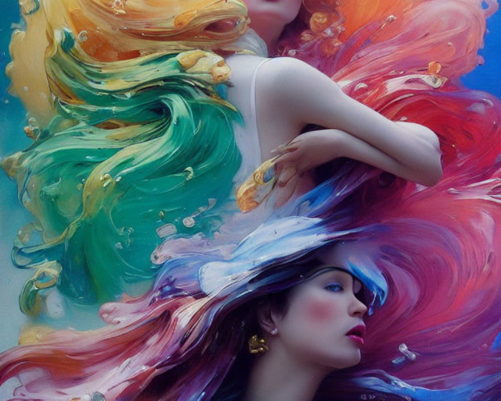 Vibrant underwater scene: Two women with colorful flowing hair and artistic makeup