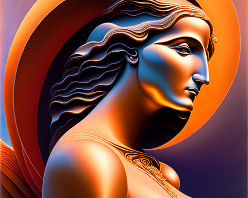 Woman with Flowing Hair in Orange and Blue Stylized Digital Art