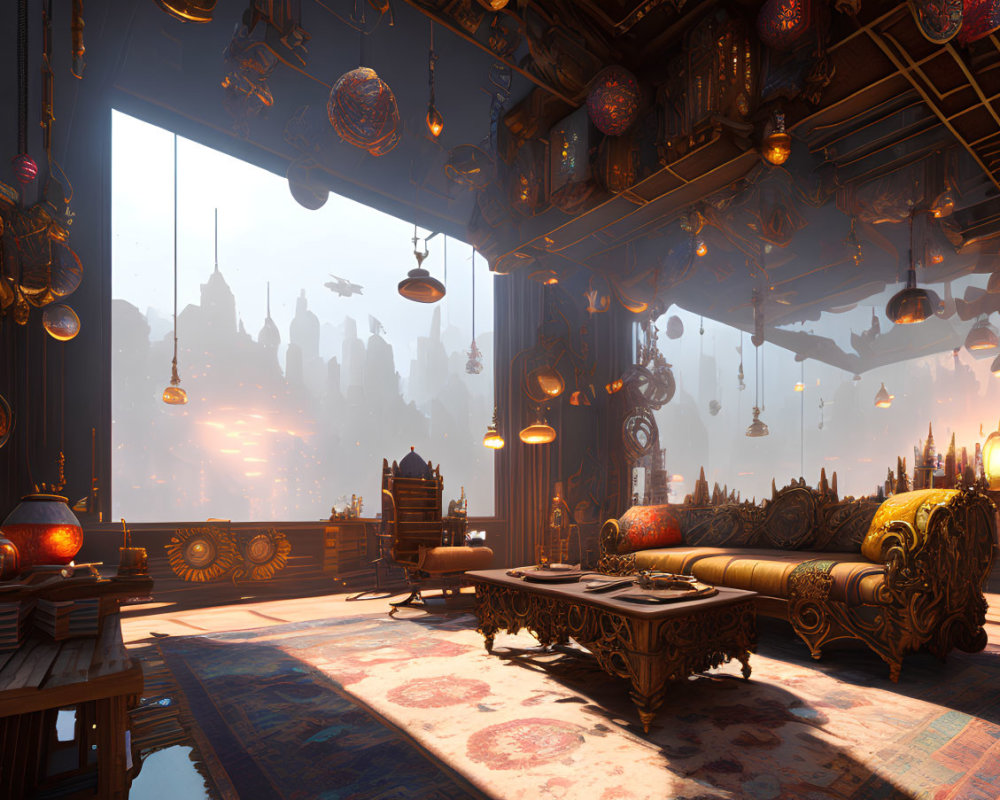 Steampunk-themed room with ornate furniture and gear-driven decor