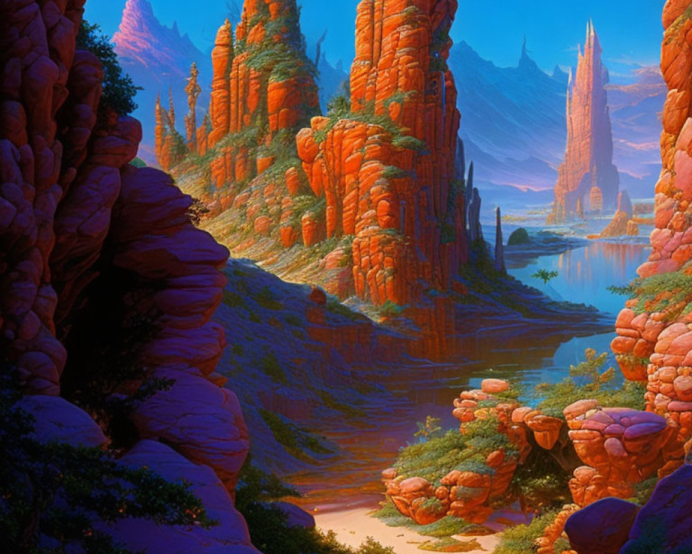 Vivid landscape with towering red rock formations and tranquil blue river