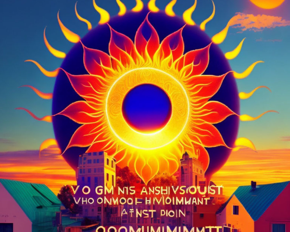 Colorful cityscape sunset with stylized sun and circular lettering.
