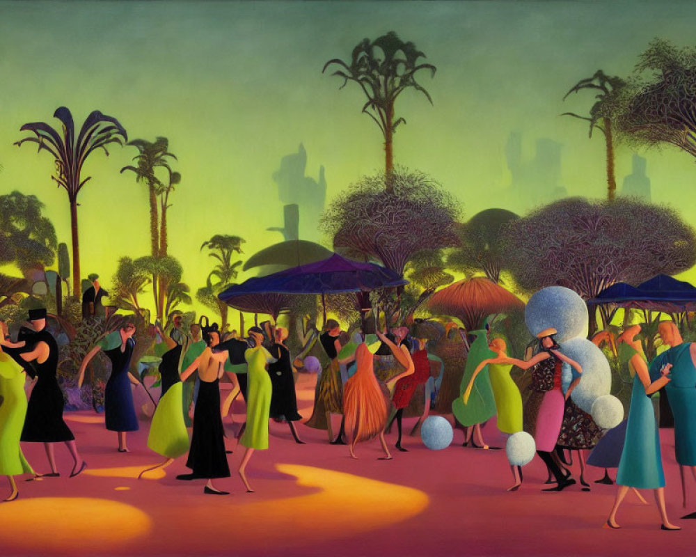 Colorful outdoor dusk painting of people dancing with umbrellas and whimsical trees