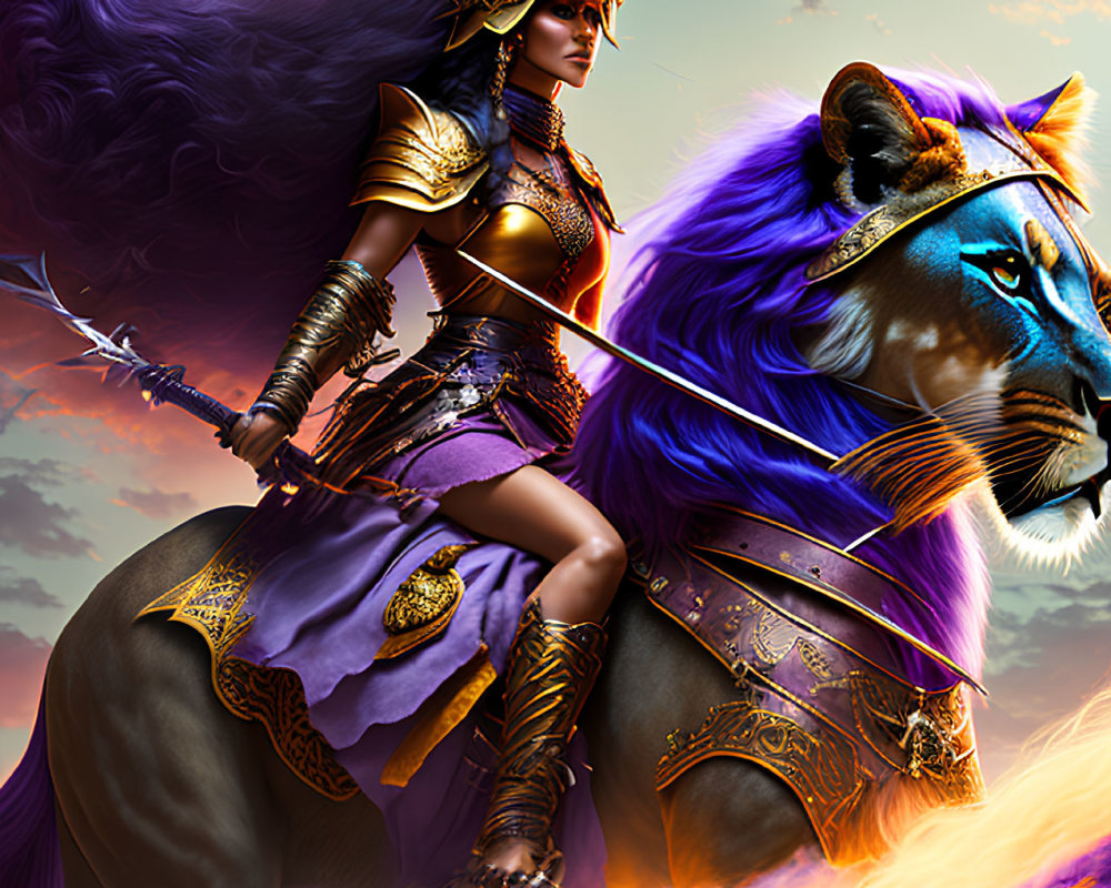 Regal warrior on lion with purple mane under dramatic sky