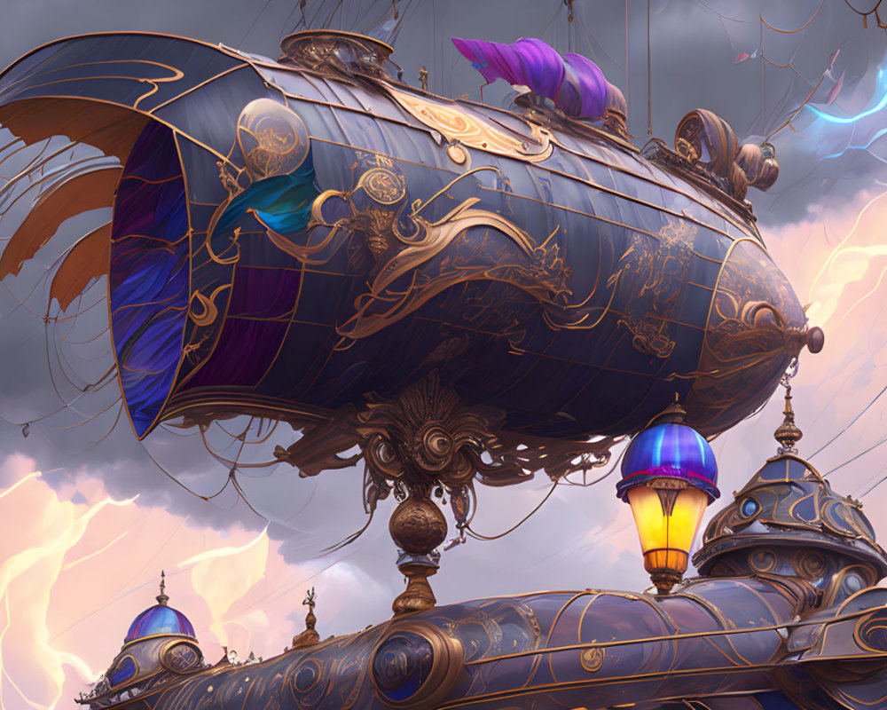 Steampunk airship with golden accents and purple sails in stormy sky