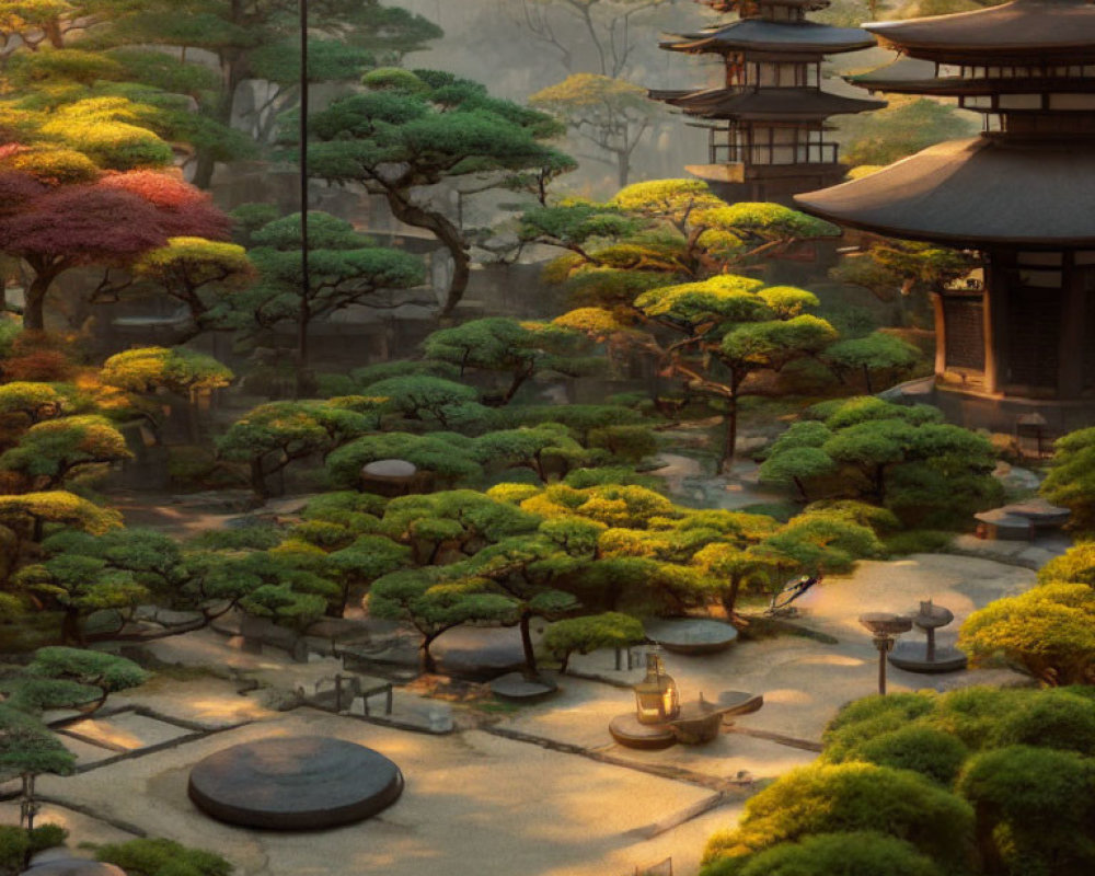 Tranquil Traditional Japanese Garden at Sunset