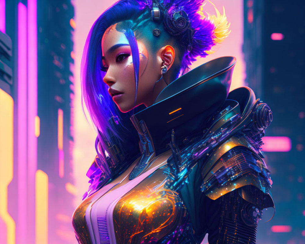 Futuristic female character with blue hair and cybernetic enhancements in glowing armor against neon-lit