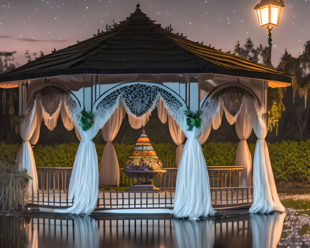 Ornate gazebo by pond under starry sky with street lamps