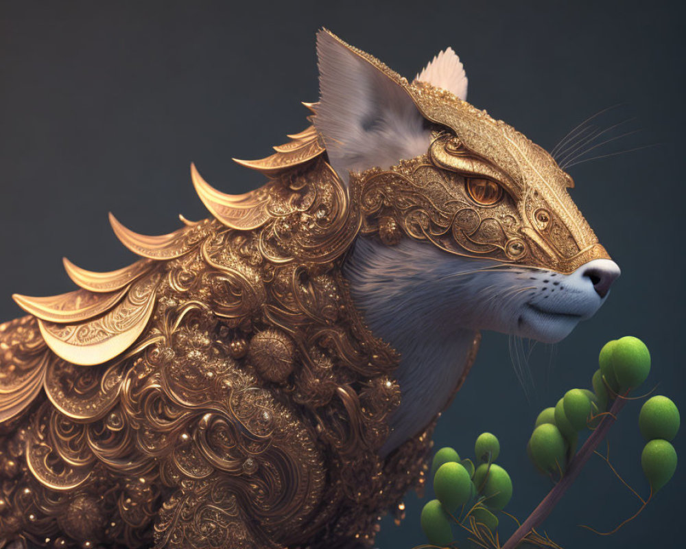 Regal fantasy creature with feline head in golden mask and armor