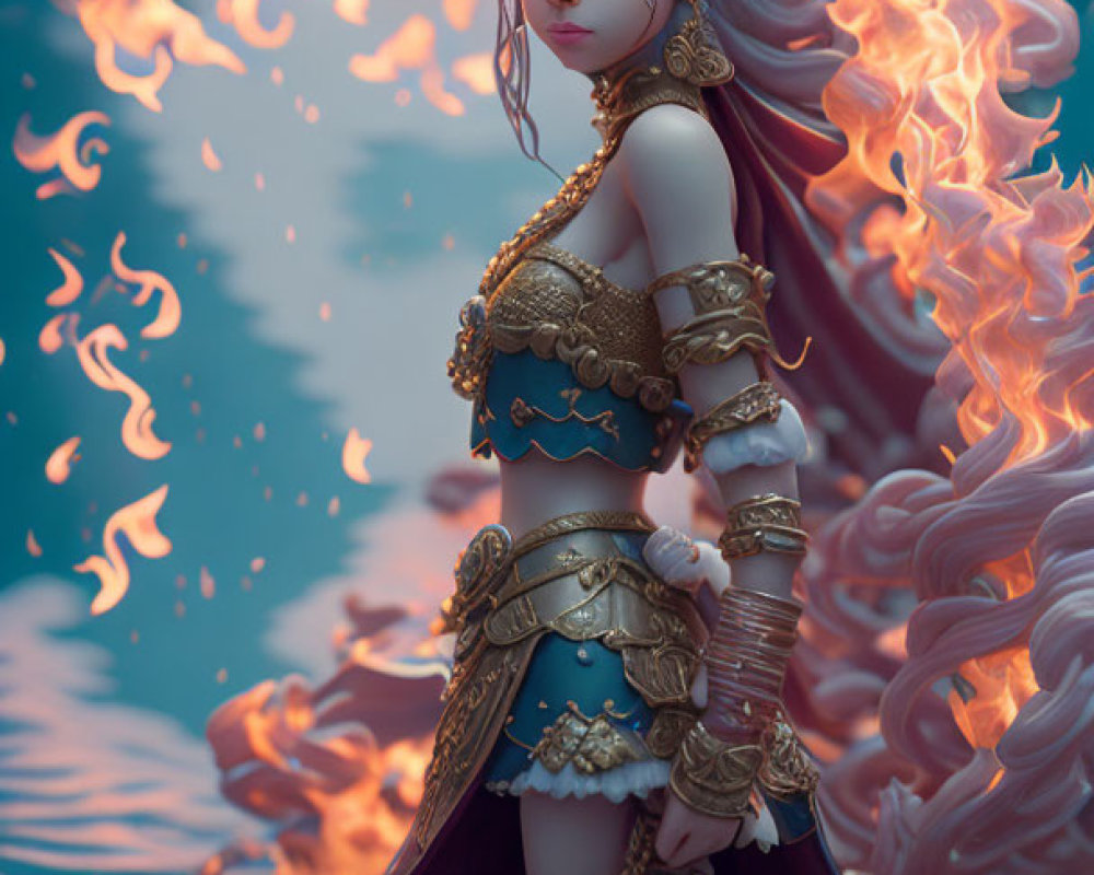 Purple-haired warrior woman in blue armor with fiery elements by water