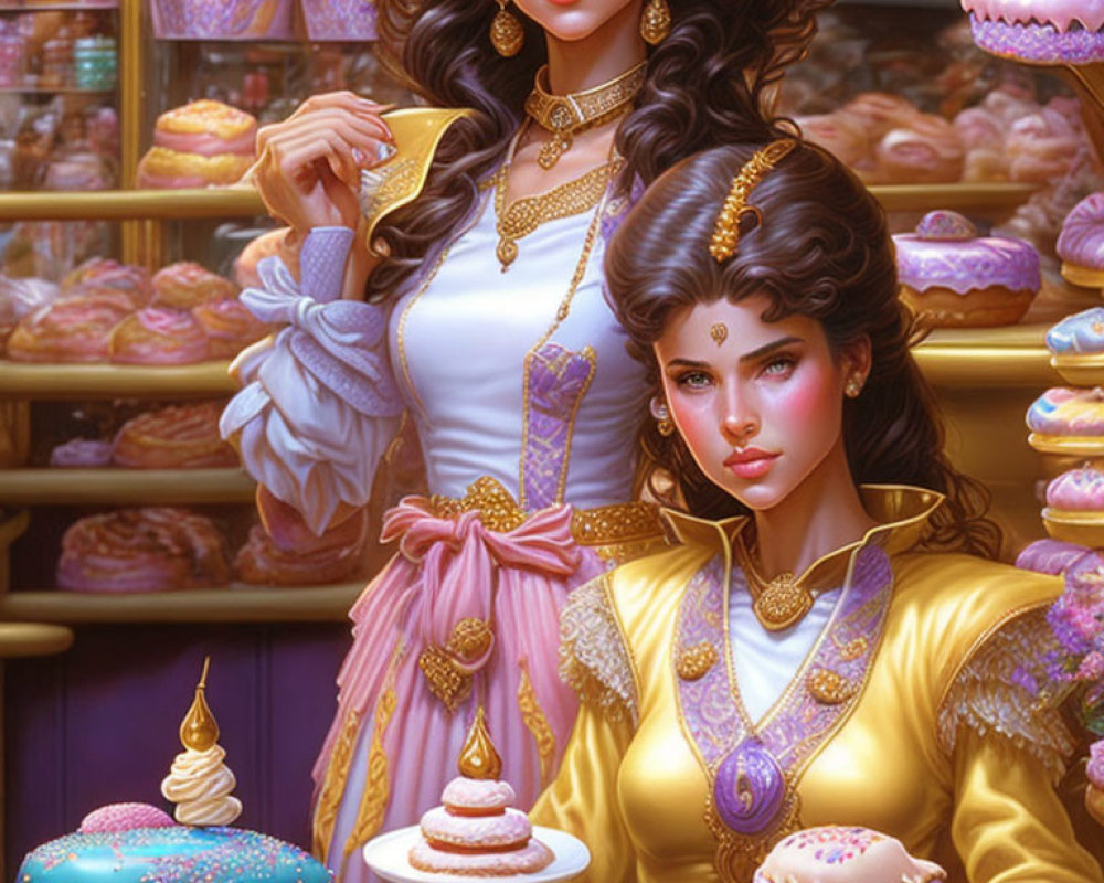 Two women in elegant attire surrounded by colorful pastries in a vibrant bakery