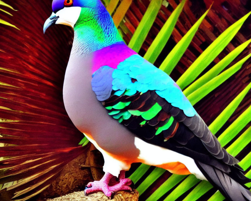 Colorful Pigeon with Iridescent Plumage on Palm Branch