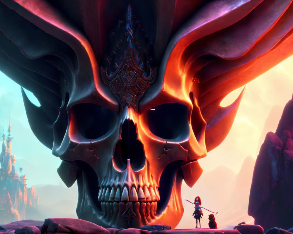 Enormous skull with intricate horns in fiery sky and castle in distance