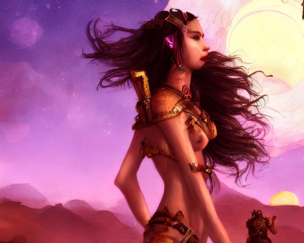 Fantasy image: Warrior woman in golden armor under moon with ethereal balloons