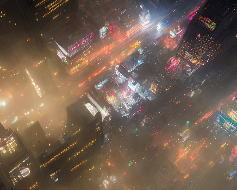 Foggy nighttime cityscape with illuminated streets, skyscrapers, and vibrant traffic streaks