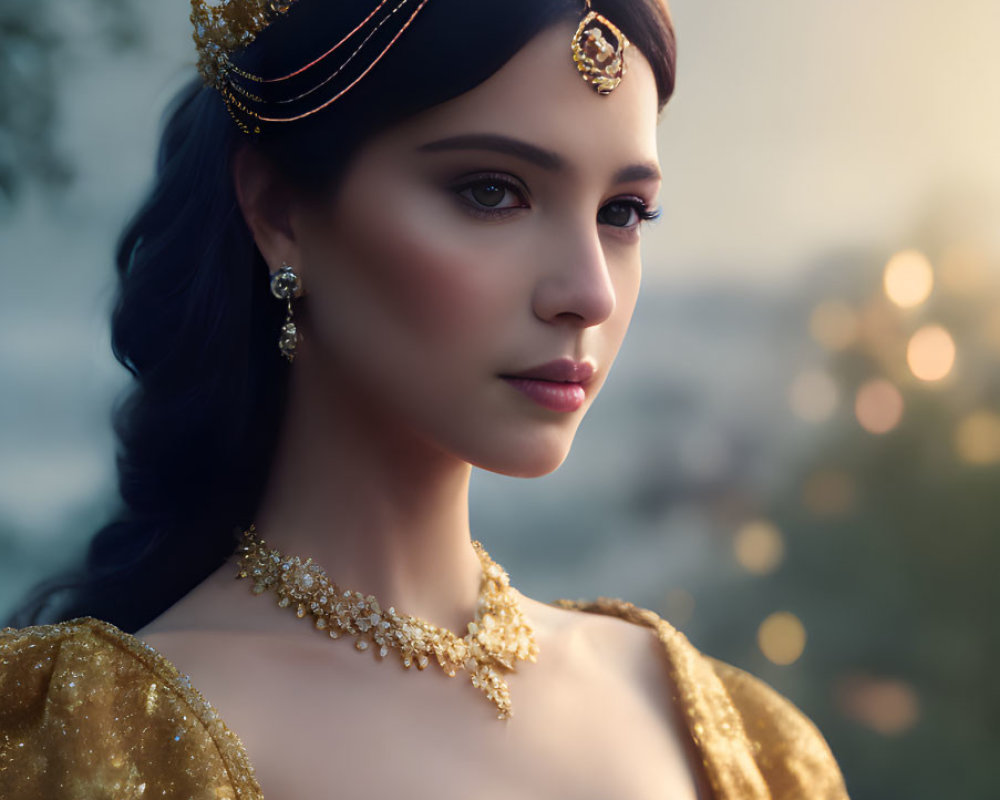 Regal figure in crown and gold jewelry on bokeh background