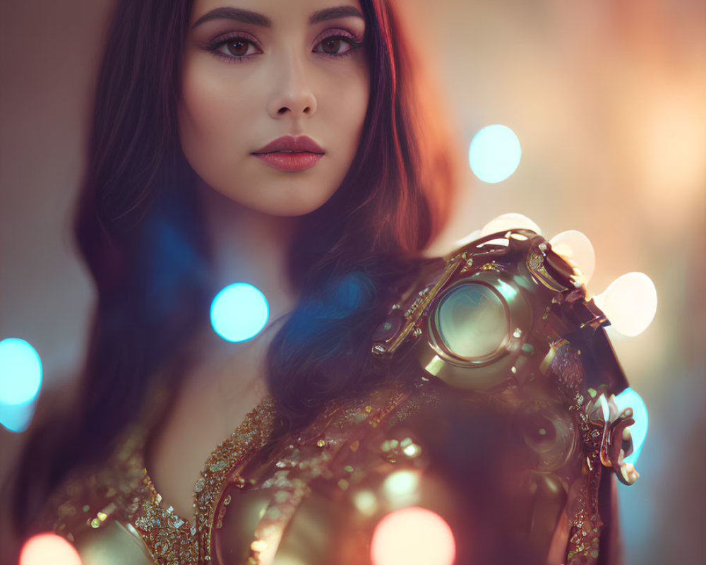 Long-haired woman with steampunk mechanical shoulder piece in colorful bokeh.