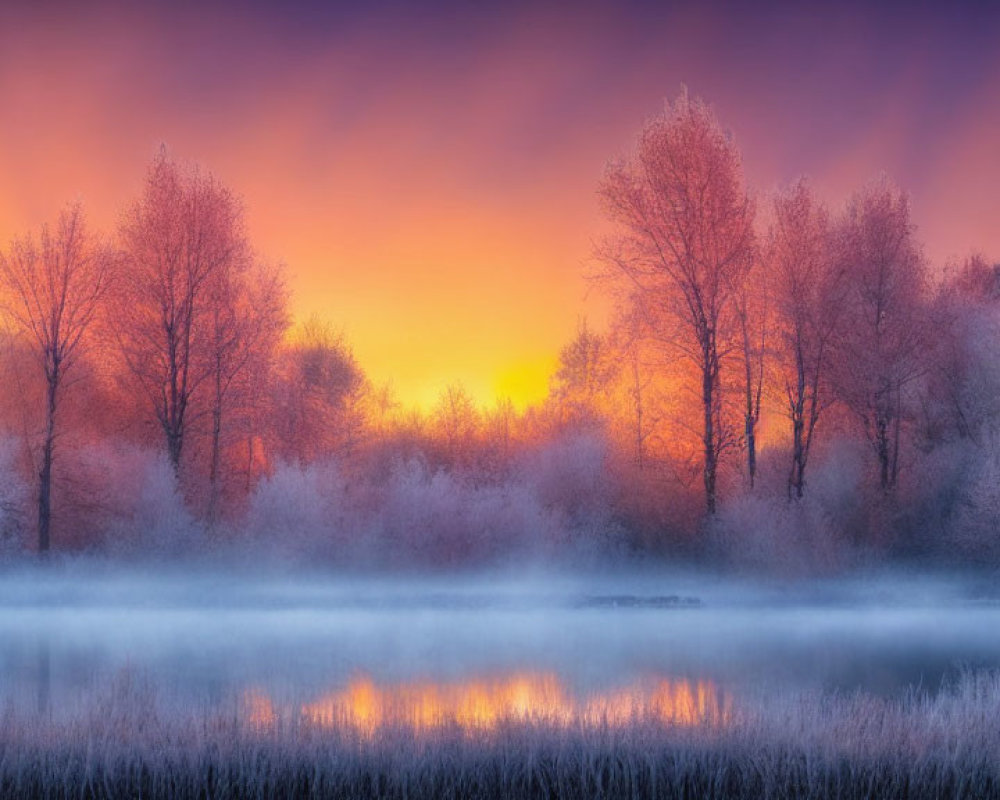 Misty Lake Landscape at Dawn with Colorful Sky