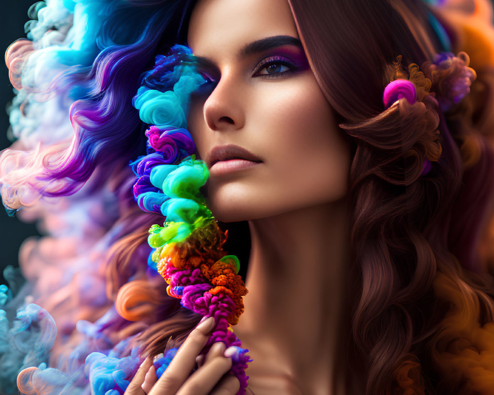 Vivid colorful smoke surrounds woman with wavy hair