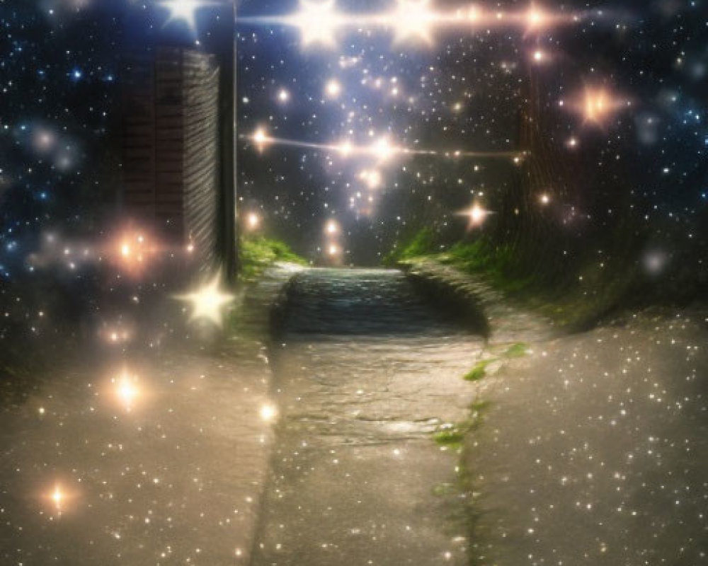 Mystical pathway to luminous gate under starry night sky