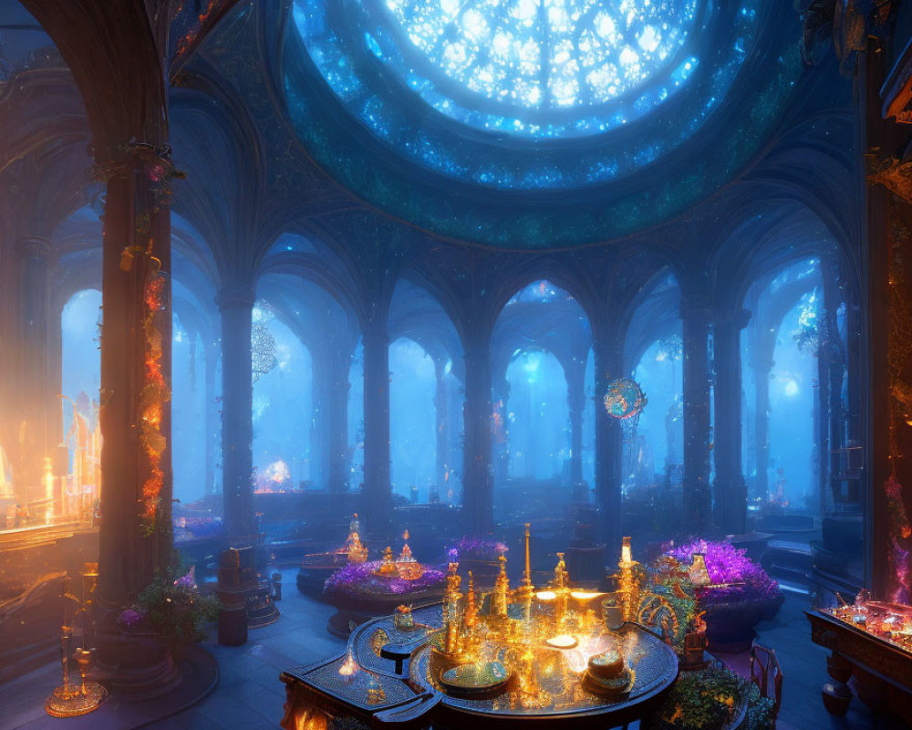 Opulent fantasy dining hall with vibrant decor and dazzling blue stained glass dome