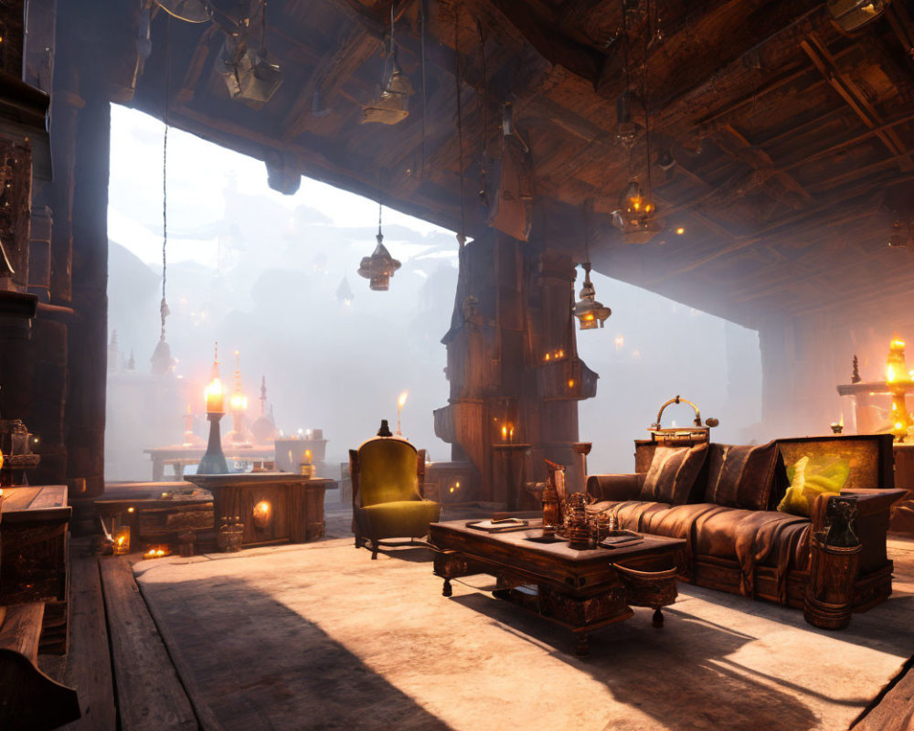 Medieval-style room with candlelight, armchair, wooden beams, and mountain view.