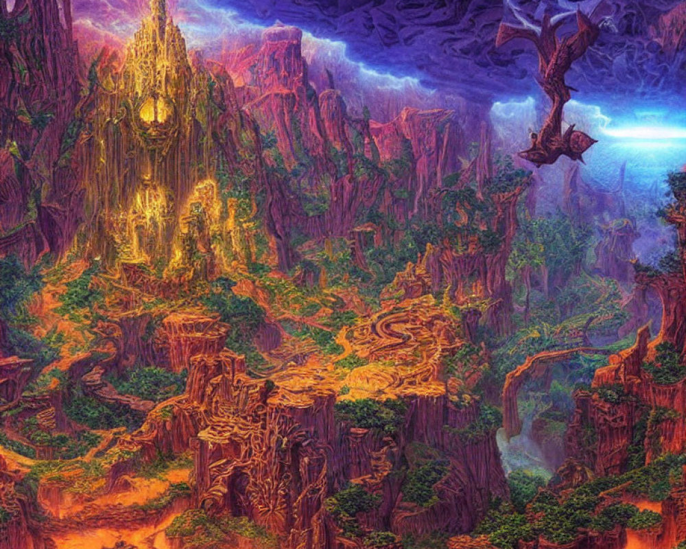 Fantasy landscape with glowing castle, towering cliffs, dense forest, and purple sky.