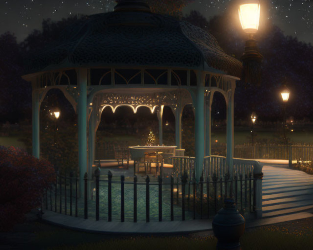 Tranquil night garden with illuminated gazebo and starlit sky