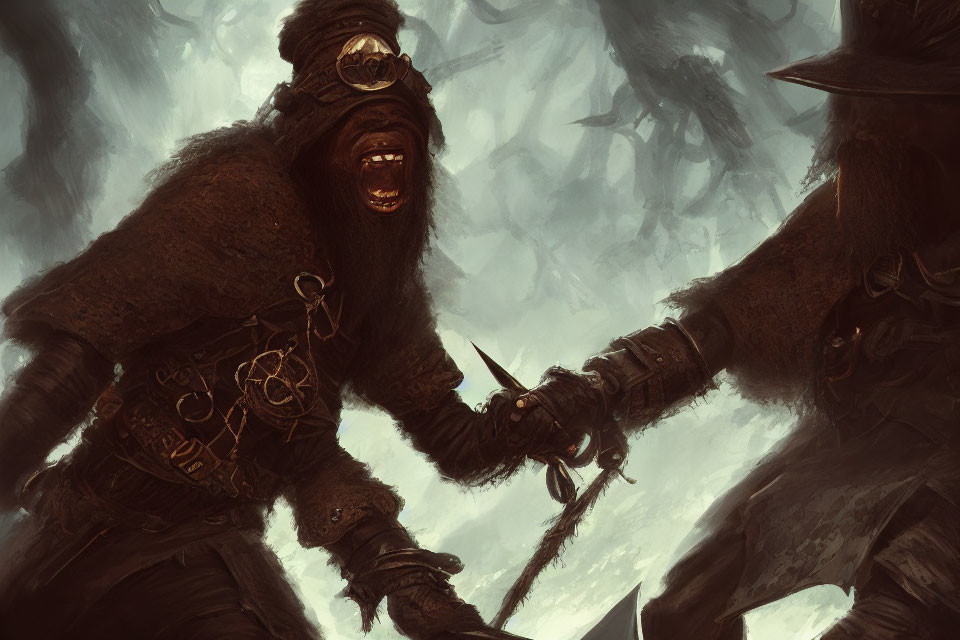 Fantasy gorilla warriors in armor duel with swords in misty setting