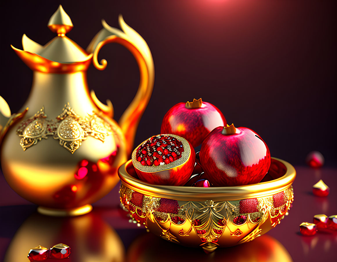 Golden Teapot and Bowl with Pomegranates on Dark Red Background