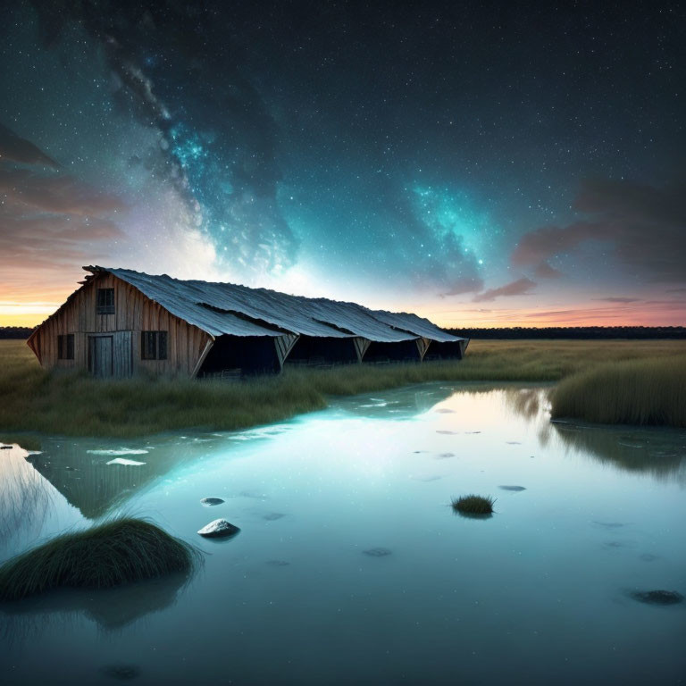 Rustic wooden barn under starry sky reflecting in water.
