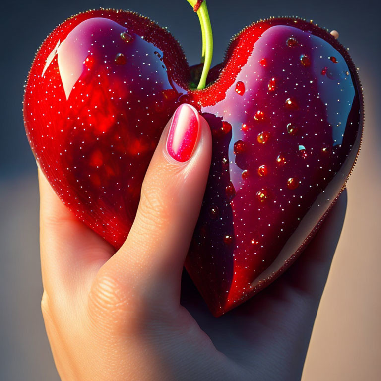 Pink Manicured Hand Holding Heart-Shaped Strawberry