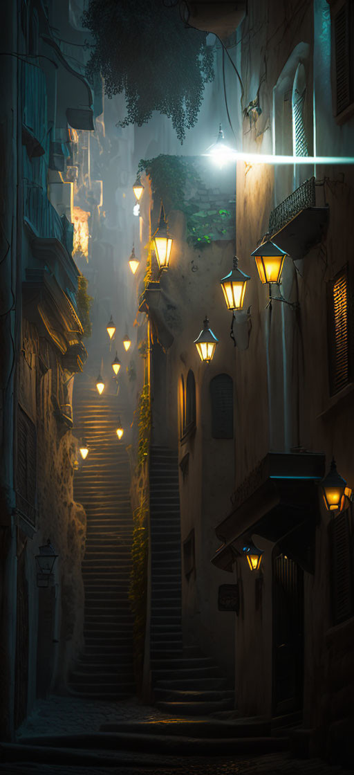 Old Narrow Staircase in Alley with Glowing Street Lamps