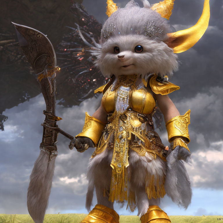 Golden-armored furry creature with spear in hand under dramatic sky.