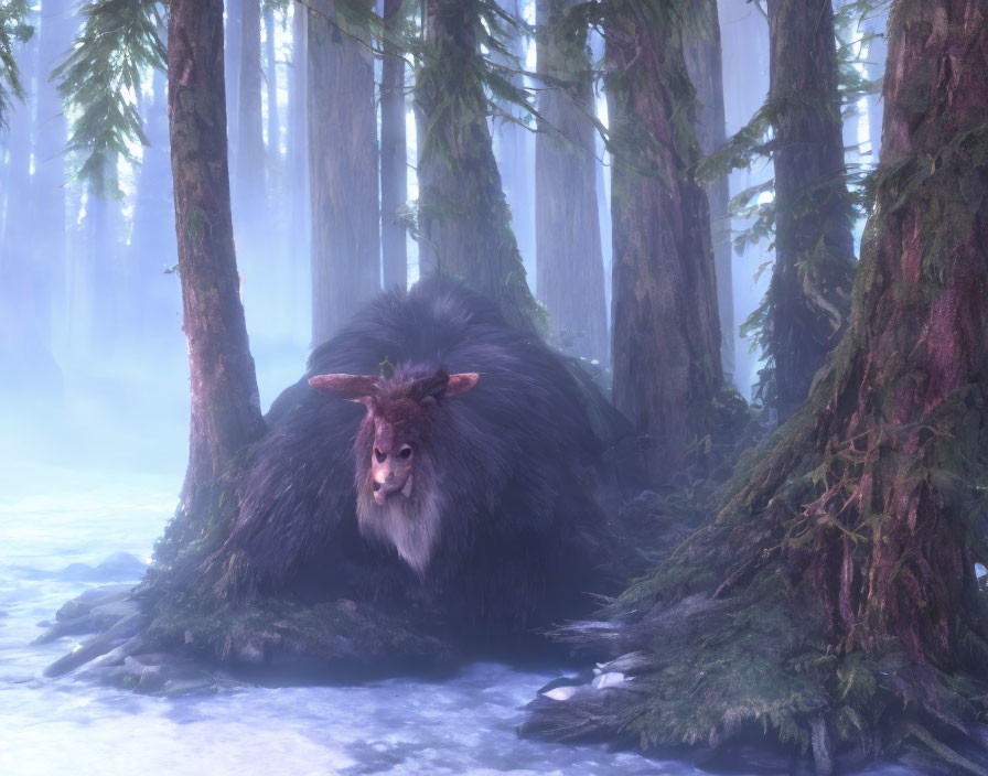 Mystical furry creature with horns in foggy forest scenery