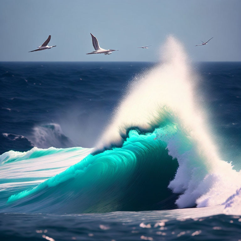 Dramatic sea wave with soaring seagulls against deep blue ocean