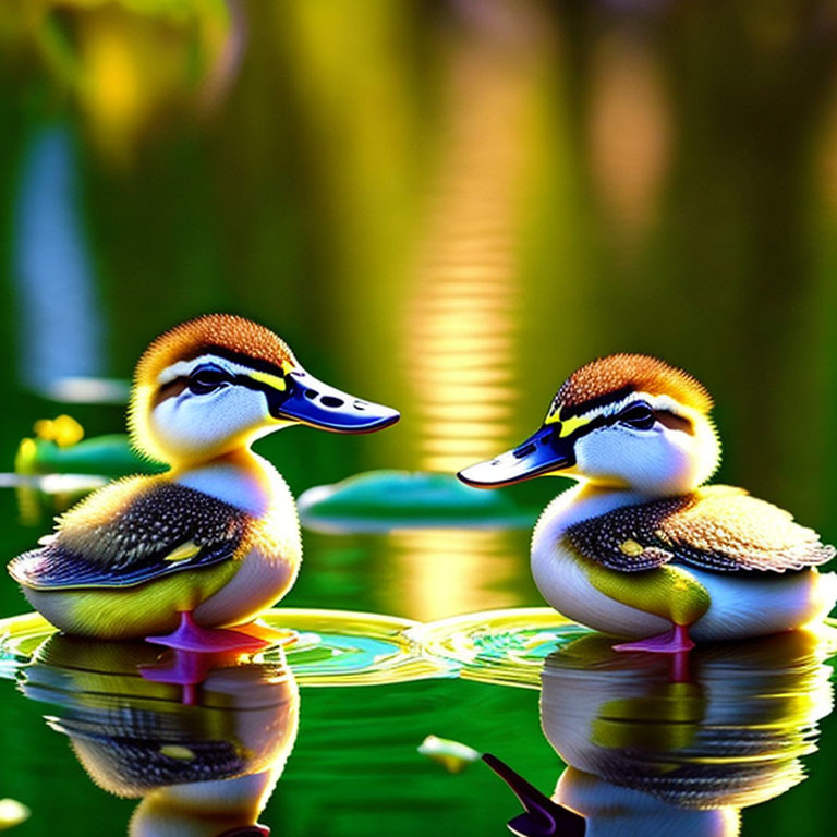 Colorful Ducks Standing on Water Surrounded by Greenery